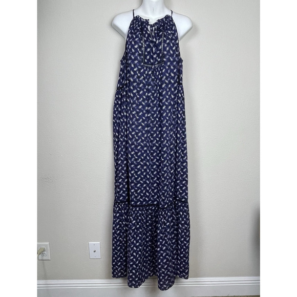 Rebecca‎ Taylor Blue White Abstract Print Criss-Cross Weave Trim Maxi Dress Sz 4 - Picture 1 of 7